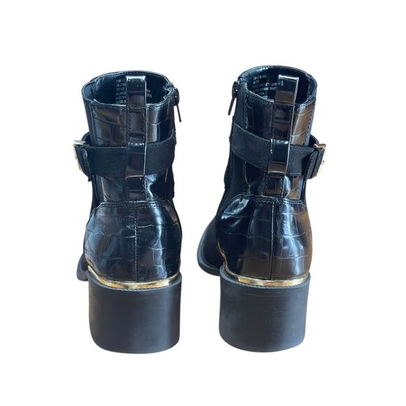 Black Faux Suede & Croc-Embossed Ankle Boots With Gold Accents  Size 7,5 M - Picture 7 of 13
